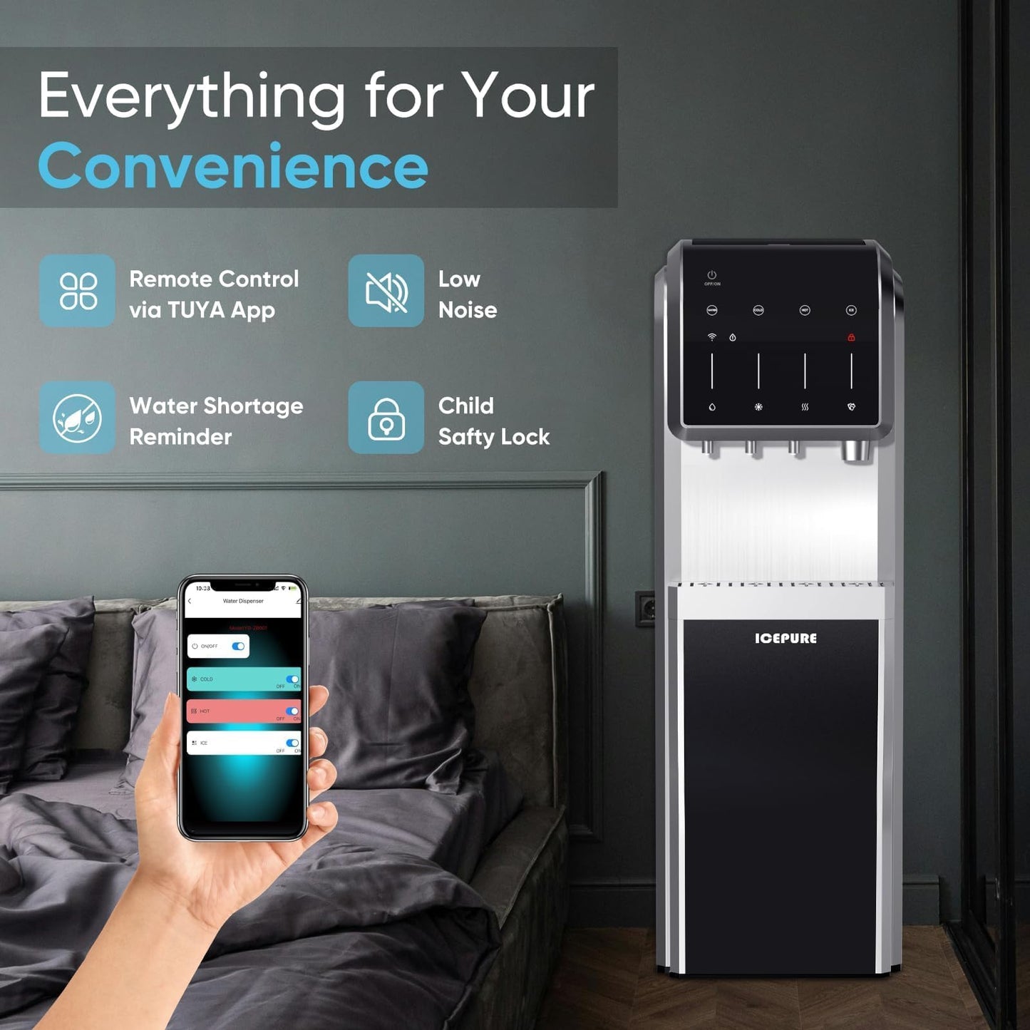 ICEPURE Water Dispenser with Ice Maker, 3-in-1 Hot and Cold Water Cooler with Built-in Bullet Ice Maker Machine, 26.5lbs/24H, Top Loading for 3-5 Gallon Bottle, Child Safety Lock, Black