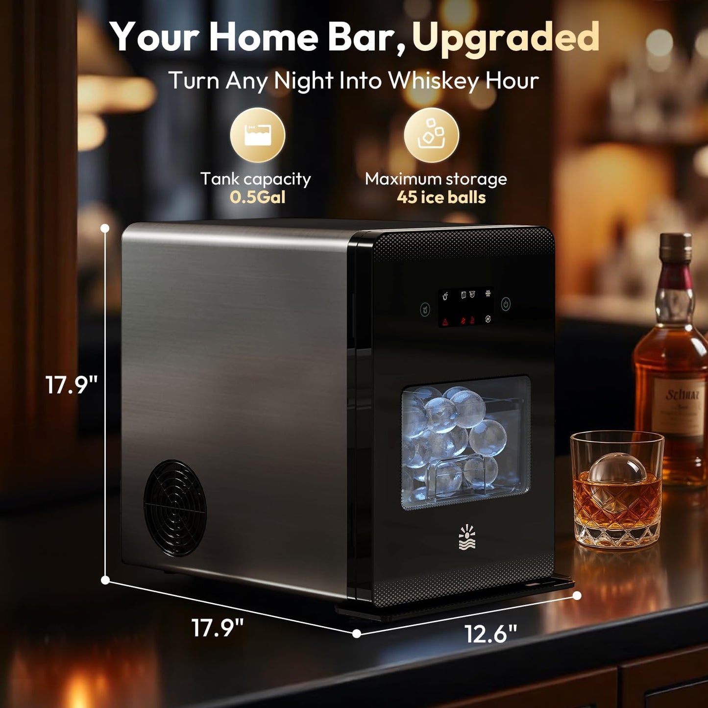 Oylus 2'' Clear Ice Ball Maker – 4 Ice Spheres in 35min, 144 pcs/Day, Auto&Manual Fill, Fast Round Ice Machine with LCD Touch Panel, Self-Cleaning, Home & Bar Maker for Whiskey Parties Gift(Black)