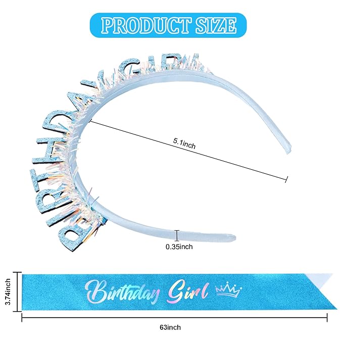 CIEHER Blue Birthday Girl Headband & Birthday Sash for Women Girls Decorations & Party Favors