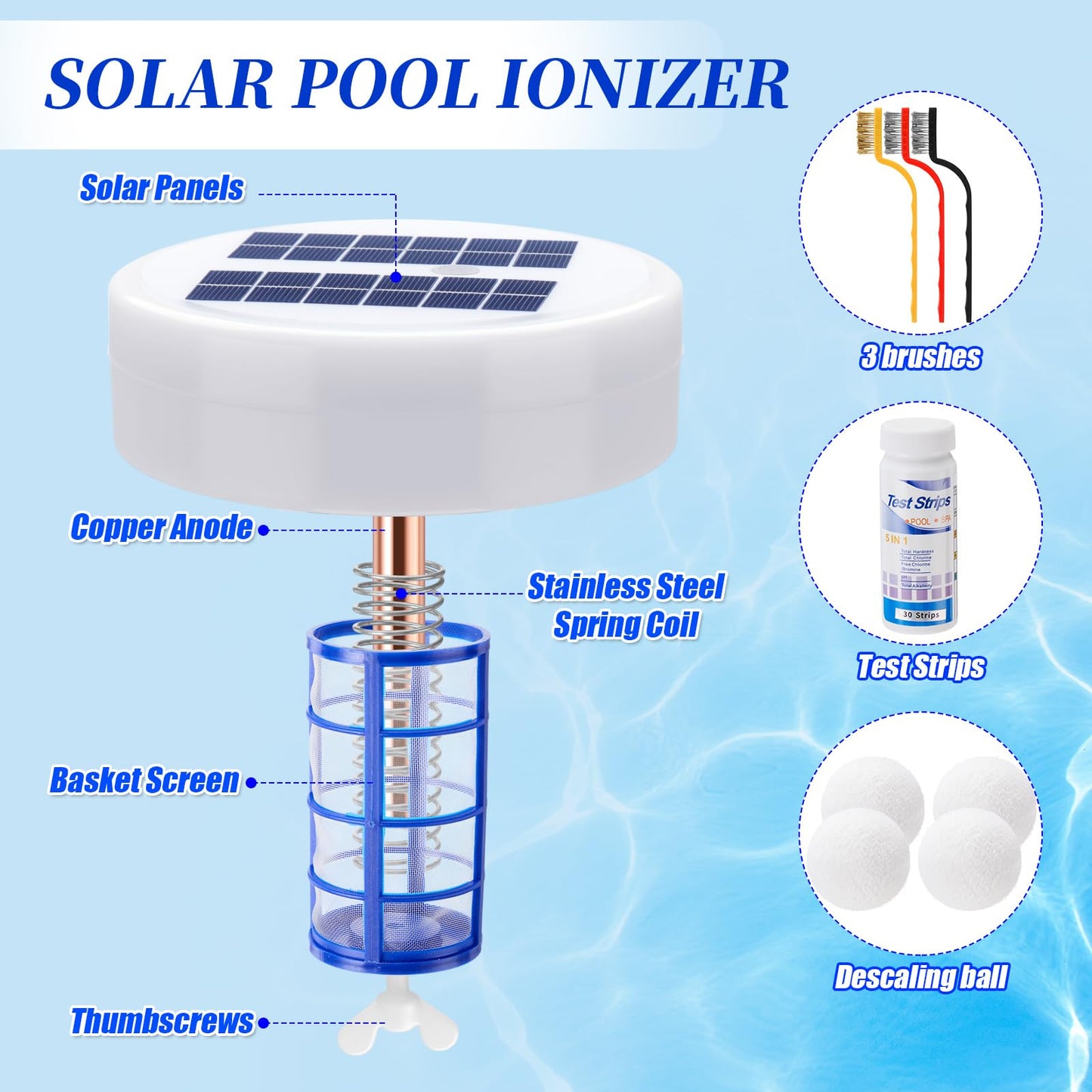 Qualirey Solar Pool Ionizer, Automatic Floating Copper Ionizer to Less Chlorine, Pool Water Purifier with LED Light & Scum Eliminating Balls, for Above Ground & Inground Pools up to 35, 000 Gallons