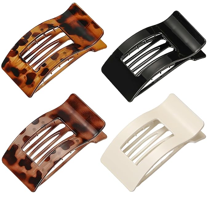 4 Pack Large Flat Hair Clips for Women, Rectangle Non-slip Lay Down Claw Clips, French Strong Hold No Crease Barrettes for Thick & Thin Hair, Stylish Square Hair Accessories (Leopard)