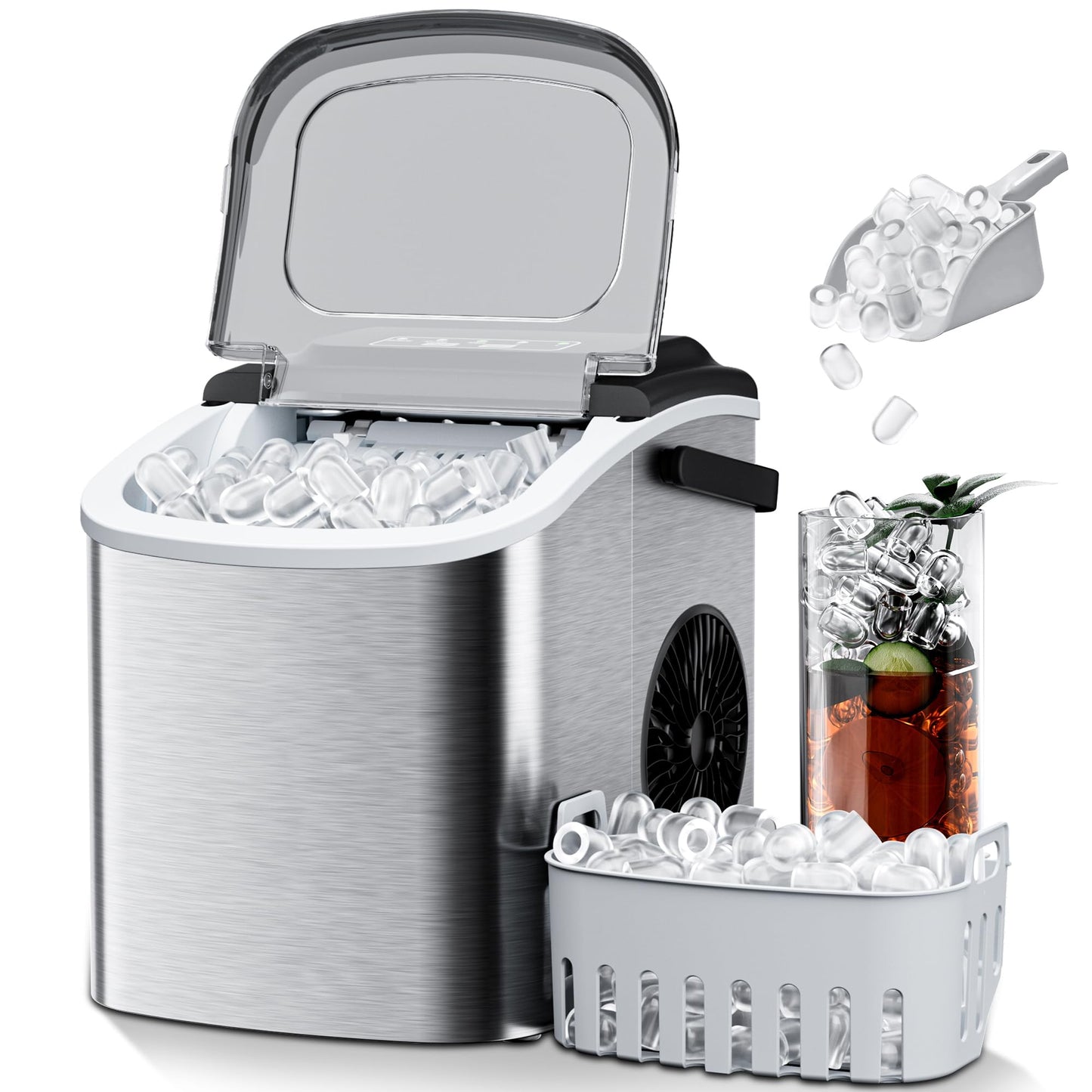 Commercial Nugget Ice Maker 80Lbs/24H with 20Lbs Storage, Stainless Steel Pellet Ice Machine, Ready in 10-15 Mins, Self-Cleaning for Office & Home Restaurants Bars