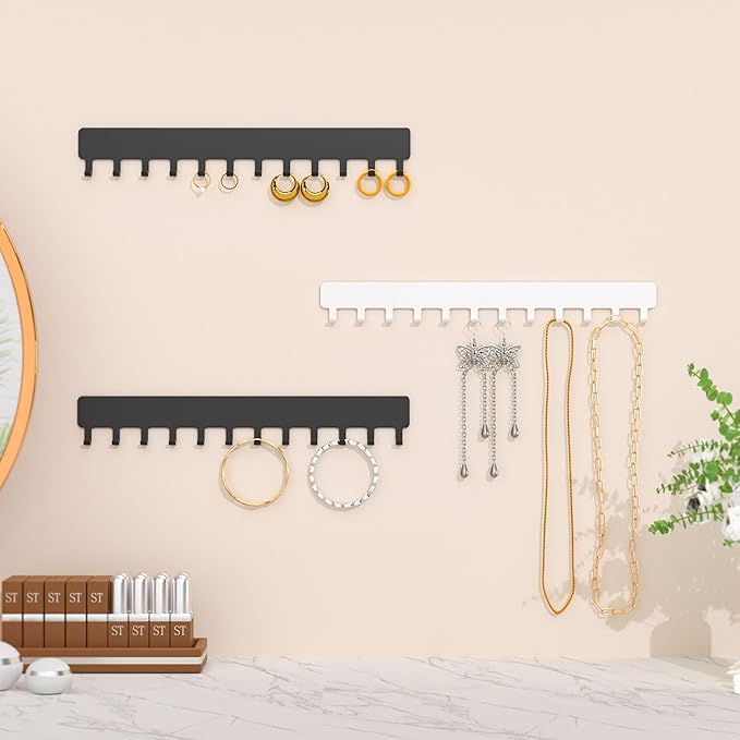 Necklace Holder - Hanging Jewelry Organizer, Self-Adhesive, Wall Mount, 2 Pack, Black