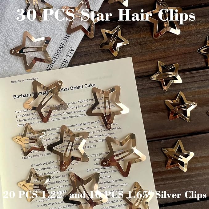 30 PCS Gold Star Hair Clips,20PCS 1.22"Star hair Clip and 10 PCS 1.65"Hair Clip Snap Hair Accessories Non Slip stars Clips for Girls Women gold Accessories Gold Metal Hair Clips