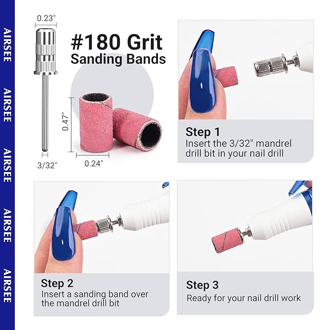 AIRSEE Sanding Bands for Electric Nail Drill 100 Piece Set 180 Grit Medium Acrylic File Attachments Professional 1 Sander Mandrel Bit Beauty Salon Accessories Manicure and Pedicure Finger Callus Zebra