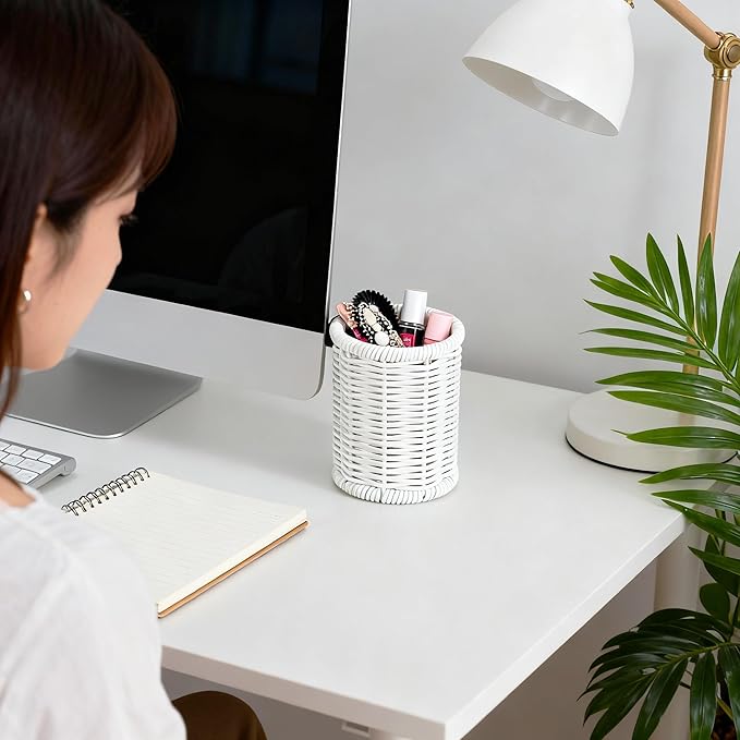 Rattan Jars, Rattan Desk Organizer, Bathroom Essentials Accessories Decor, Vanity Makeup Storage Organizer, for Cotton Balls, Pads, Floss Picks-Minimalist Decor , White(DP053)