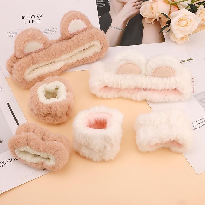 Bear Ears Spa Wristband Set - Cute Animal Skincare Headband for Washing Face - Fluffy Elastic Face Wash Hair Band for Women & Girls - Trendy Stuff (White Khaki)