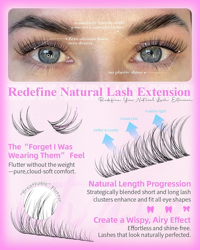 Wispy Lash Clusters Kit Venus Invisible Band Eyelash Clusters 8-16mm Lash Extension Kit Natural Lashes Clusters Eyelash Extension Kit with Thin Band Lash Cluster Clear Lash Glue and Tweezers by Wtvane