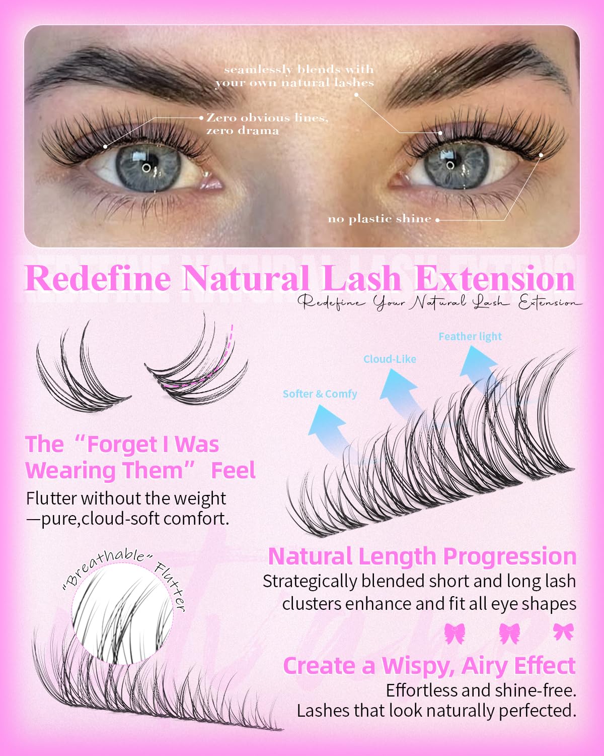 Wispy Lash Clusters Kit Venus Invisible Band Eyelash Clusters 8-16mm Lash Extension Kit Natural Lashes Clusters Eyelash Extension Kit with Thin Band Lash Cluster Clear Lash Glue and Tweezers by Wtvane