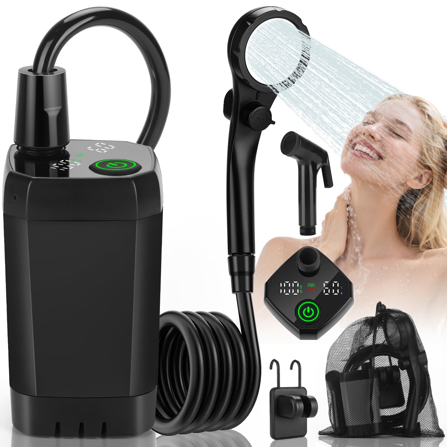 vignuto Portable Shower for Camping, Rechargeable Camping Shower kit with LED Display of Battery Level and Temperature, Lasting-150 Mins, Suitable for Outdoor Shower, Pet Bath, Car Washing