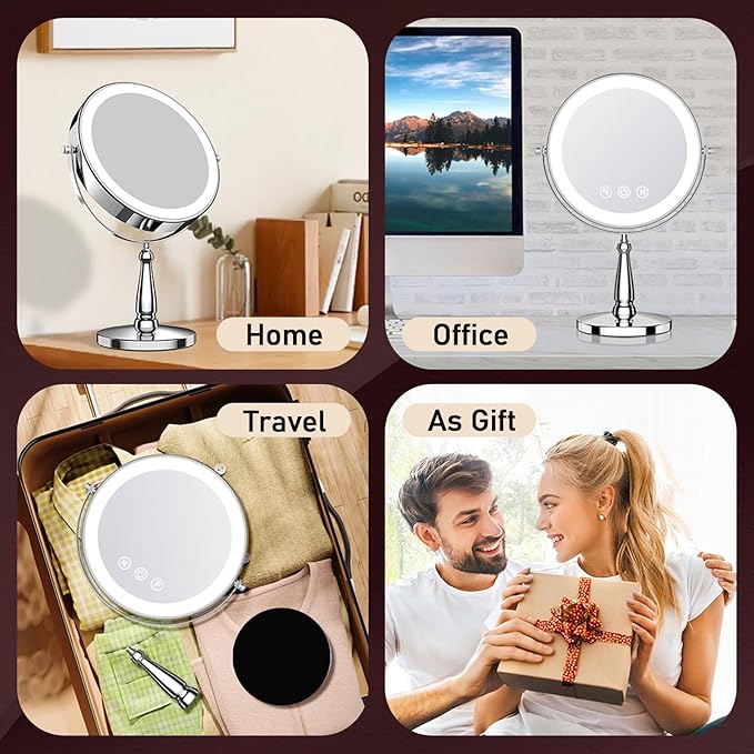 Vanity Mirror with Lights, 9'' Lighted Makeup Mirror, 1X/20X Double Sided Magnifying Mirror, 5000mAh Rechargeable, 3 Color Dimmable LED, 360° Rotation Desk Mirror for Makeup & Skincare