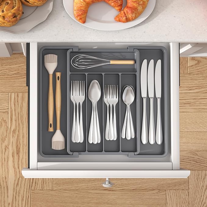 Lifewit Silverware Drawer Organizer, Expandable Utensil Tray for Kitchen, BPA Free Flatware and Cutlery Holder, Adjustable Plastic Storage for Spoons Forks Knives, 8.5-14 x 12", Dark Gray