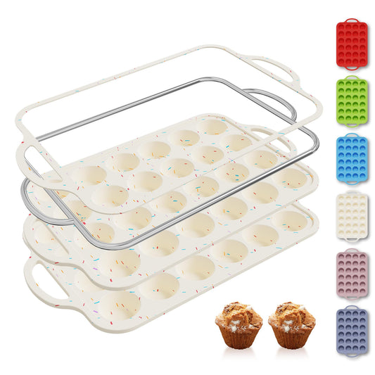 2 Packs 24 Cups Silicone Muffin Pan with Metal Reinforced Frame Mini Size Cupcake Pan Tray Egg Bites Silicone Circle Cookie Molds Muffin Tin Tart Pans Baking Sheet Set for Breakfast Sandwiches