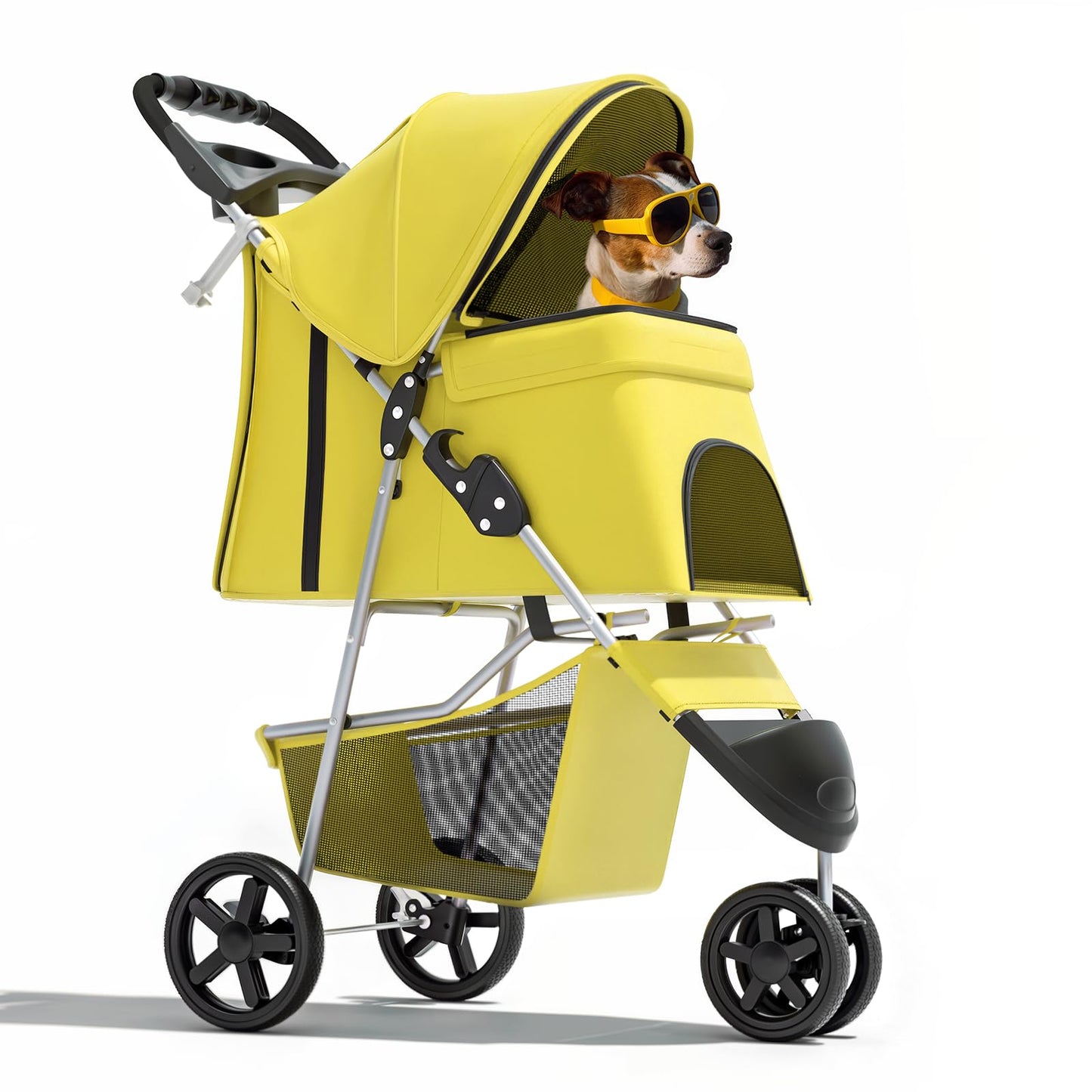Magshion 3-Wheel Pet Stroller, Foldable Travel Jogger for Small & Medium Dogs & Cats (Up to 33lbs), Lightweight Carrier with Breathable Mesh Cover, Cup Holder & Storage Basket, Yellow