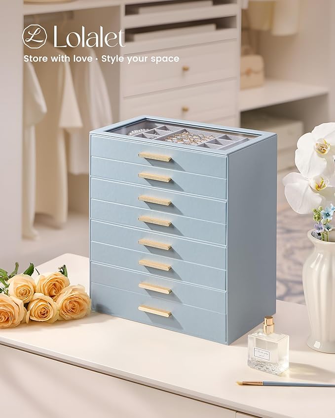Lolalet Jewelry Box Organizer, 8-Layer Jewelry Organizers and Storage Case with Glass Lid, Ring Earring Bracelet Necklace Holder Organizer, Birthday Valentine Gifts for Women Girls -8Layer, HazeBlue