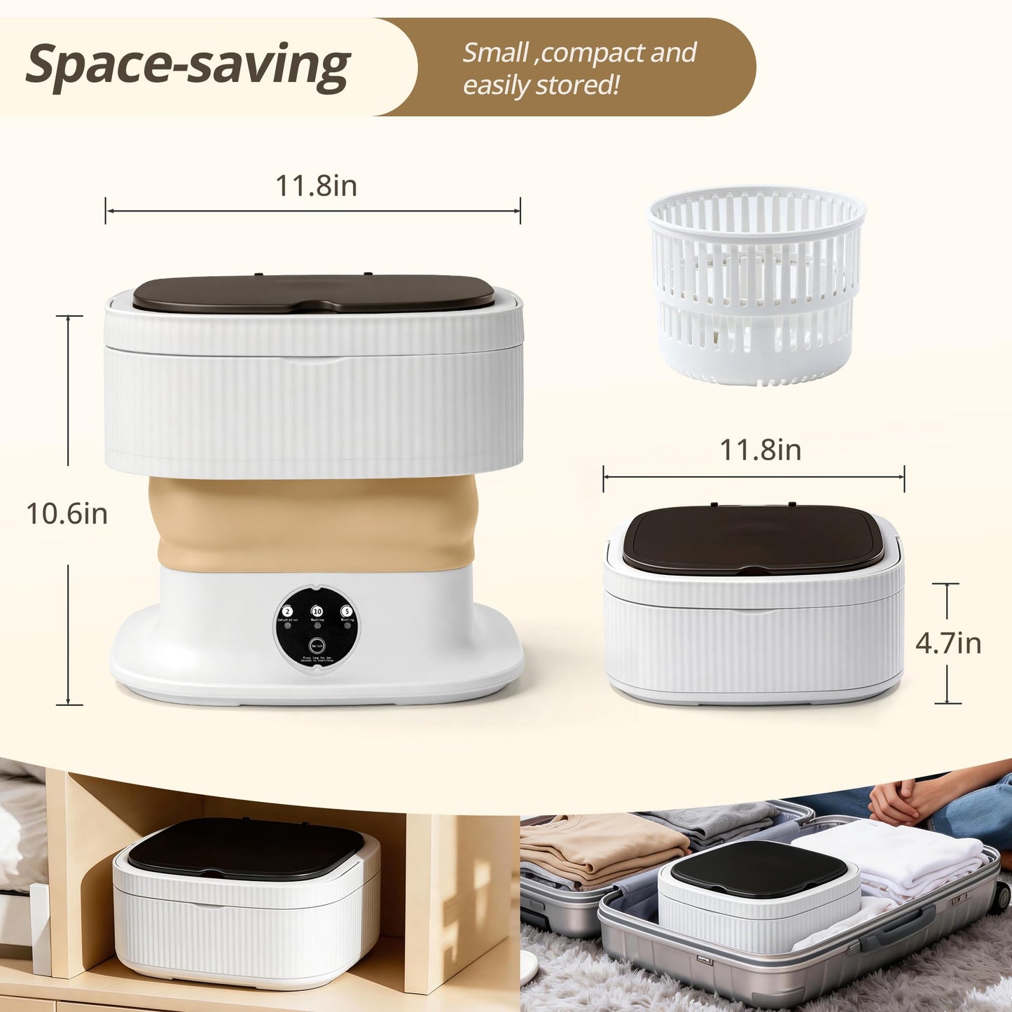 Portable Washing Machine, Mini Washer, 18L Upgraded with Spin Basket, Foldable Design Ideal for Apartment, portable washer 3 Cleaning Modes Suitable for Small Clothes (khaki)