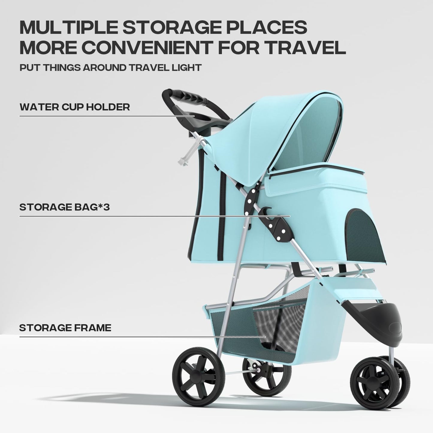 Pet Stroller for Small Dogs 10 lbs, Dog Stroller for Medium Dogs 30 lbs, Cat Strollers for 2 Cats, 3 Wheels Foldable Jogger Puppy Stroller with Storage Basket and Cup Holder, Mint