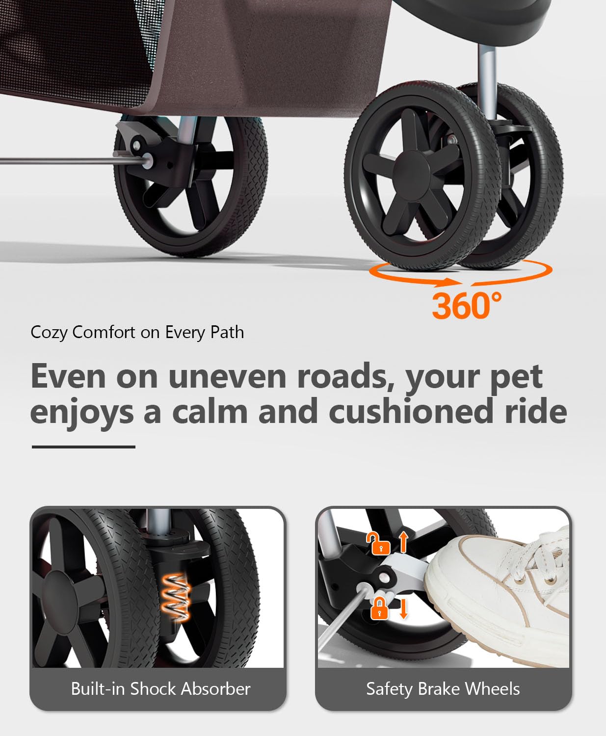 OS MOTOR Pet Stroller with 3 Wheels for Small/Medium Pets, Portable Travel Foldable Carrier Jogger for Dog Cat Puppy Kitty, Rear Wheel Breaks, Storage Basket, Visible Mesh with Weather Cover (Coffee)
