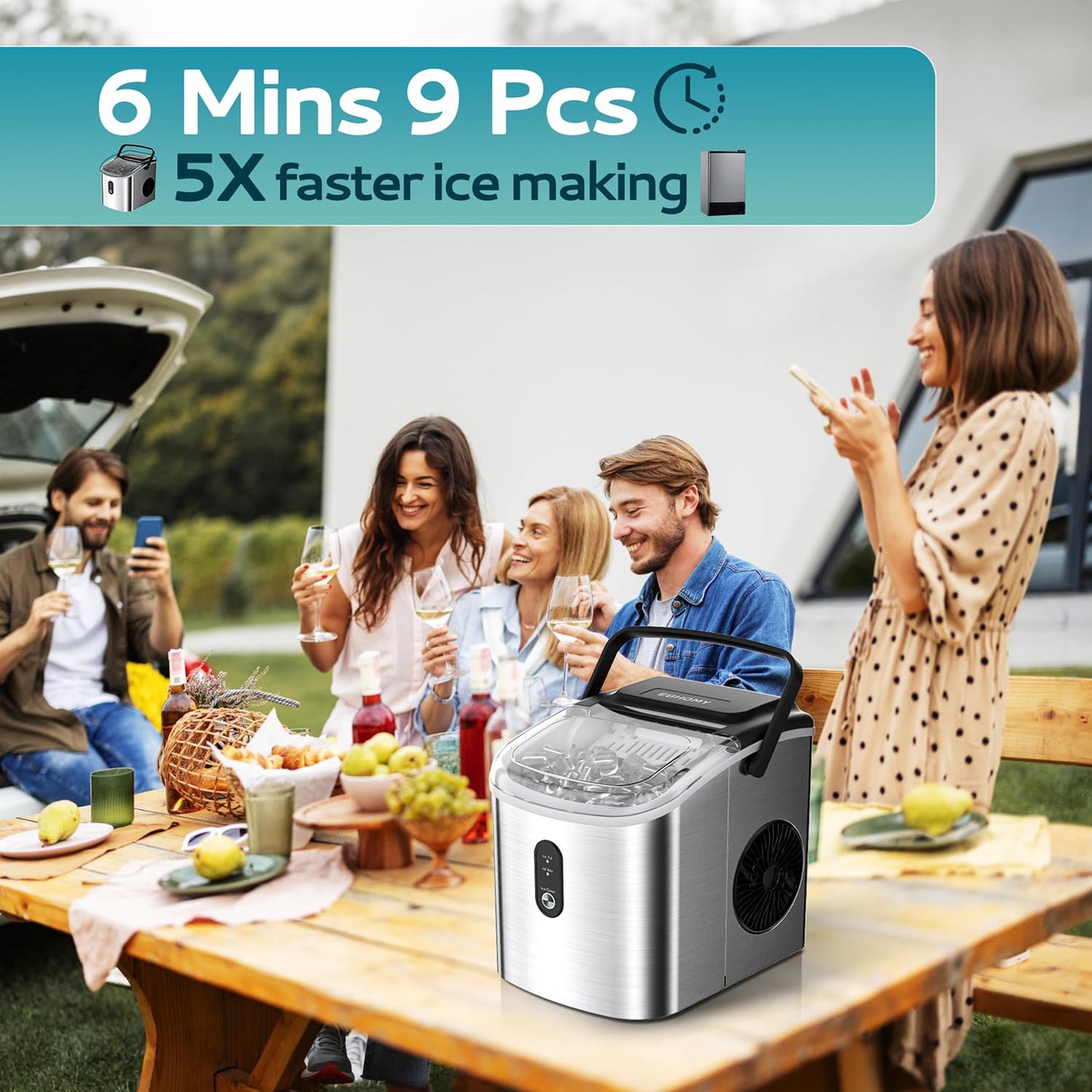 EUHOMY Ice Maker Countertop, Portable Ice Machine with Carry Handle, 26.5lbs Per Day, 9 Cubes in 6 Mins, Auto-Cleaning, with Basket and Scoop, for Home, Kitchen, Camping, RV