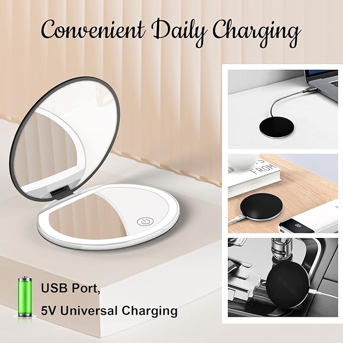 Kakuje Compact Mirror with Light, 1X/3X Magnification LED Pocket Mirror with USB Data Cable,Mini Mirror for Purse, Pocket,Travel and Present (Black)