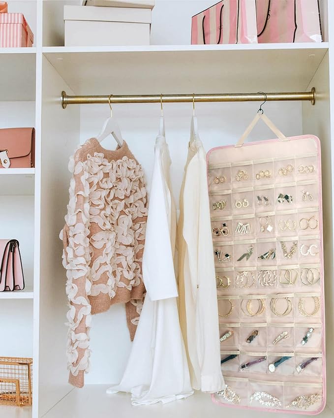 BAGSMART Hanging Jewelry Organizer Storage Roll with Hanger Metal Hooks Double-Sided Jewelry Holder for Earrings, Necklaces, Rings on Closet, Wall, Door, 1 piece, Extra Large, Pink