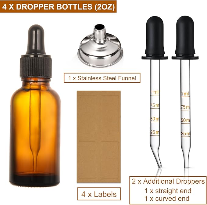 4 Pack, 2 oz Dropper Bottles with 2pcs Glass Pipettes(1ml) - Essential Oils Bottles for Health, Personal Care & Beauty - 60ml Thick Dark Amber Glass Tincture Bottle with Eye Droppers, Leakproof