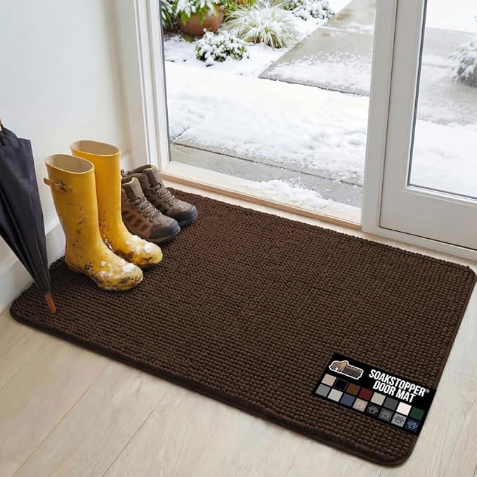 GORILLA GRIP SoakSTOPPER Dog Door Mat, 48x30 Machine Washable Rug Absorbent Doormat Captures Moisture Mud Dirt, Quick Dry Soft Chenille Entryway Rugs Indoor Entrance Mats for Dog Paws, Brown