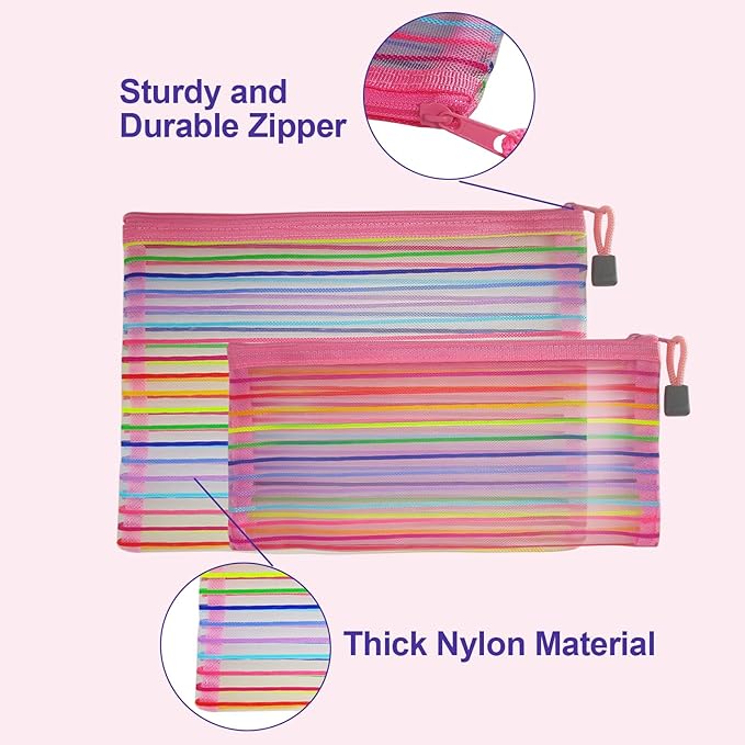 Mesh Bags with Zipper (6 Pack), Nylon Makeup Bag Cosmetic Pouches Travel Organizer Case for Purse Diaper Bag Home Organizing Striped Multi Size Pink