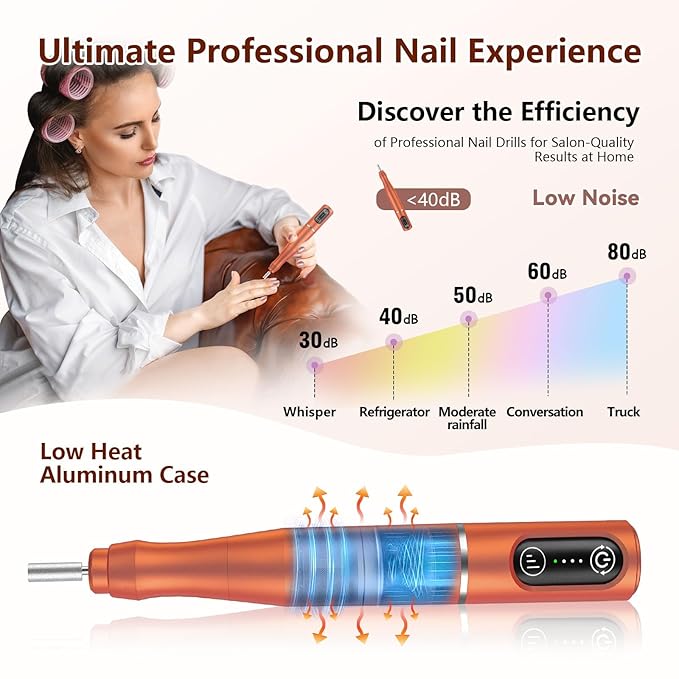 Cordless Nail Drill Electric Rechargeable File Kit, Professional Efile Acrylic Gel Nail Polish Remover Pedicure Manicure Machine Portable Set with 11 Bits 56 Sanding Bands for Salon Orange