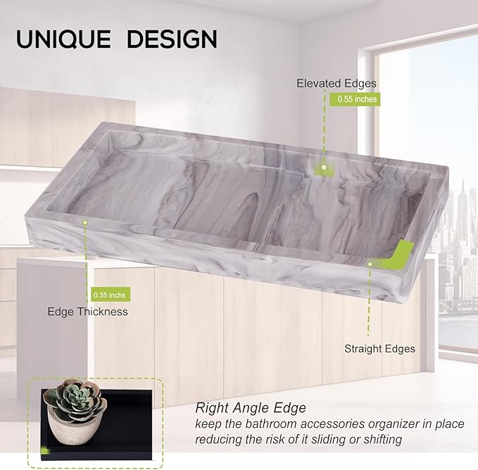 Bathroom Trays for Counter, Slicone Vanity Trays for Bathroom, Rectangle Sponge Holder for Kitchen Sink - Marble Grey