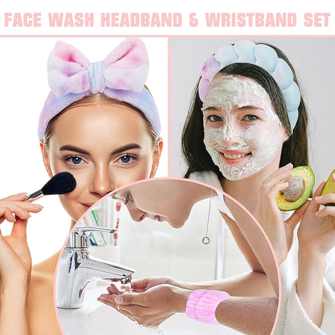 CAVETEE 6 Pack Puffy Bow Tie Headbands with Makeup Wristbands - Cute Spa, Face Washing and Makeup Set for Women and Girls