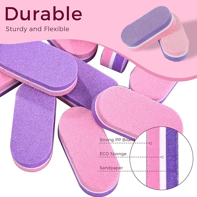 JERCLITY 50 Pieces Purple Pink Nail Buffer Block Both Sides 100/180 Grit Mini Nail Buffers Nail Files and Buffers Mini Buffers for Nails