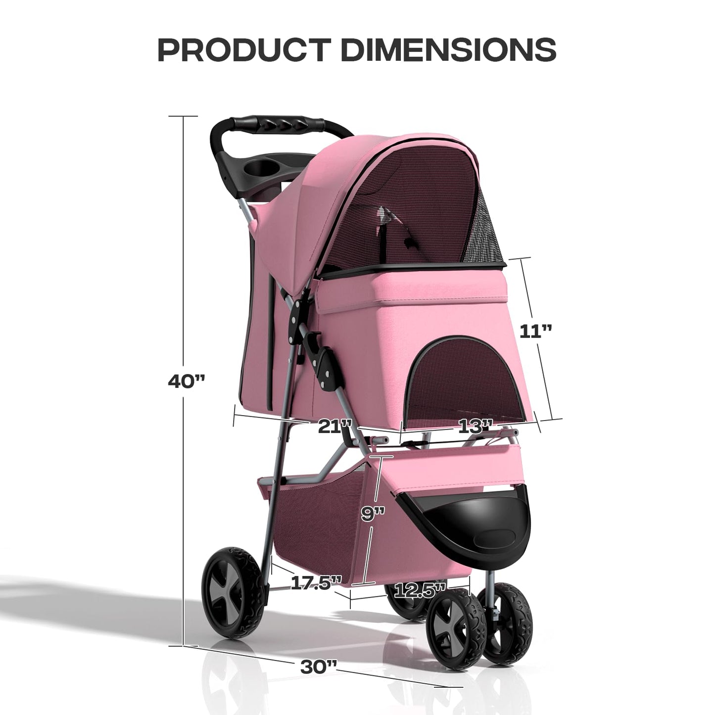Pink Dog Stroller for Medium Dogs 30 lbs Pet Stroller for Small Dogs Cat Strollers for 2 Cats, 3 Wheels Foldable Jogger Puppy Stroller with Storage Basket and Cup Holder, Pink