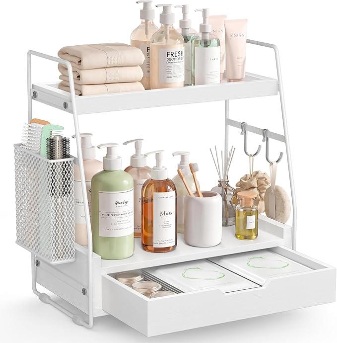 2 Tier Bathroom Counter Organizer Wood - Tiered Bathroom Countertop Shelf with Drawer, Removable Basket & 2 Hooks, Makeup Vanity Organizer for Skincare Perfume Toiletries, 13'' White