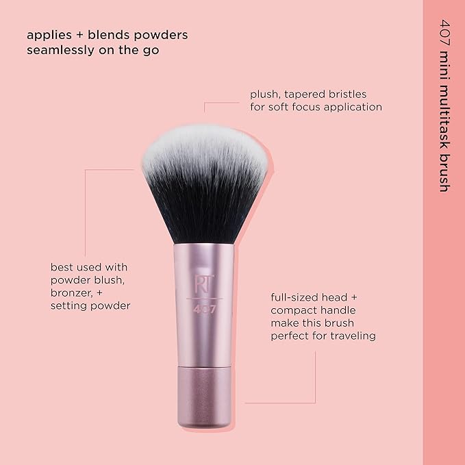 Real Techniques Mini Multitask Makeup Brush,For Blush,Bronzer & Powder,Face Brush with Custom-Cut Synthetic Bristles,For Loose & Pressed Powder,Travel Sized,Vegan-& Cruelty-Free,(Pack of 12)