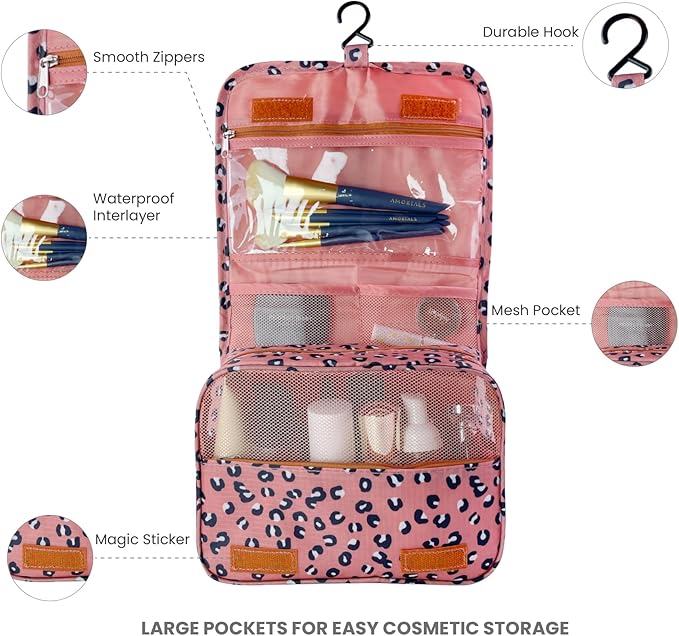 Large Capacity Toiletry Bag Travel Bag with Hanging Hook for Men and Women Waterproof Travel Cosmetic Bag Bathroom Storage Bag for Brushes Set,Full-Sized Shampoo,Accessories-Pink Leopard