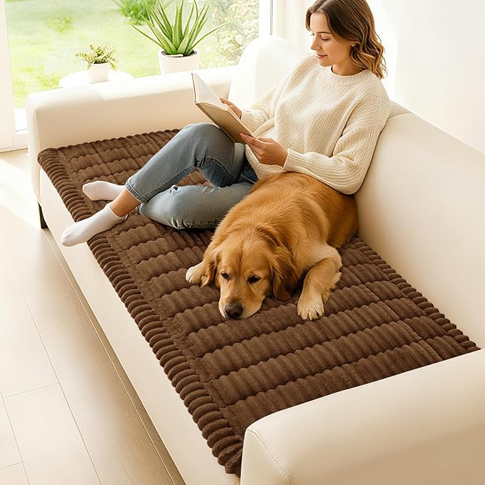 hyha Couch Covers for Dogs Washable, Non Slip Plush Dog Sofa Protectors, Fuzzy Pet Couch Covers for 3 Cushion Sofa Pet Friendly (Brown, 27.6" x 27.6")