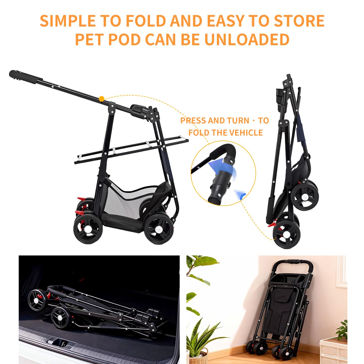 3-in-1 Dog Strollers for Small/Medium Dogs Cats,4 Wheels Pet Stroller,Detachable Carrier Basket,Breathable Mesh,Storage Basket,Cup Holder,Weather Cover,Black