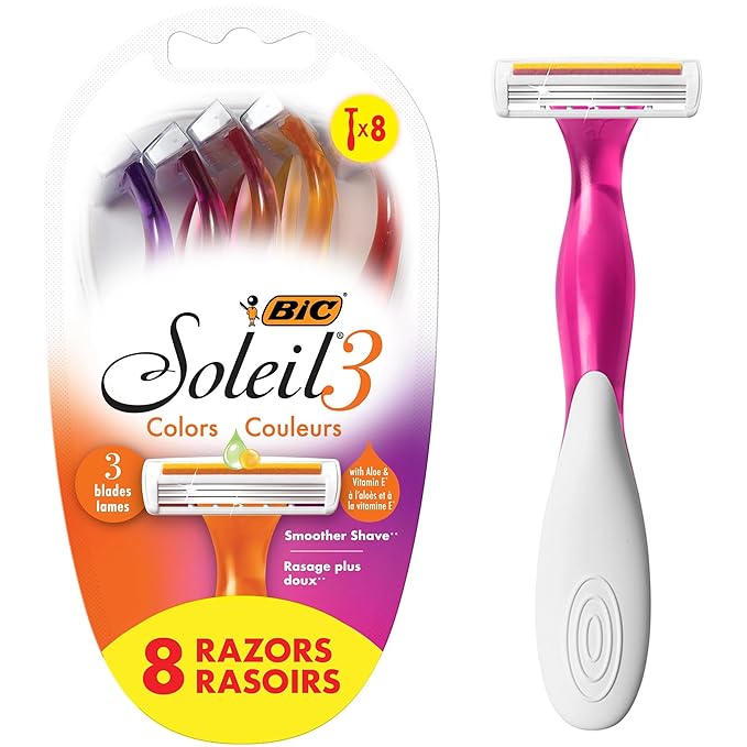 BIC Soleil 3 Colors Women's Disposable 3-Blade Razors, Aloe Vera and Vitamin E Lubricating Strip for Smooth Shaves, 8-Pack