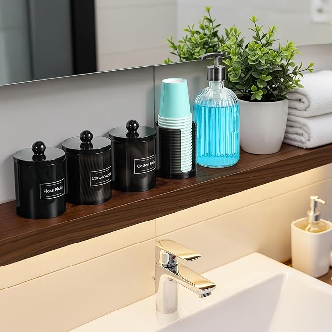 4 Pcs, Acrylic Qtip Holder Dispenser for Cotton Swab, Ball, Round Pads, Floss Picks - Clear Plastic Apothecary Jar Set, Bathroom Canister Decor Storage Accessories, Vanity Makeup Organizer, Black