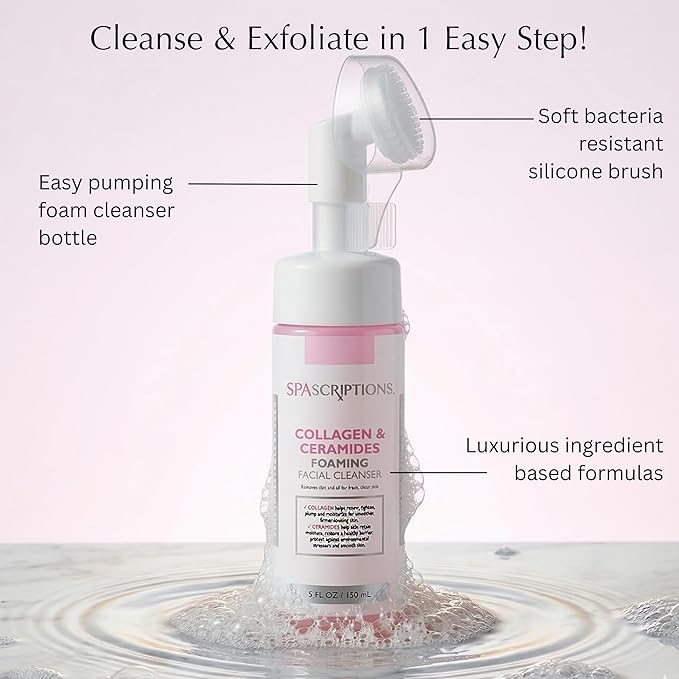 SpaScriptions 2 in 1 Cleanse & Exfoliate Foaming Facial Cleanser - Collagen & Ceramides Face Wash with Silicone Brush for Dryness with Skin Barrier Support with Peptides for Daily Cleansing, 5 oz