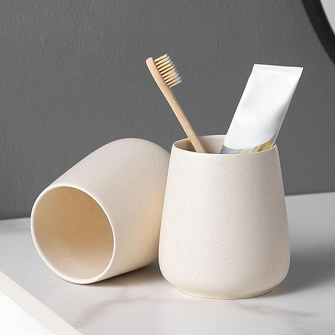 Beige Toothbrush Holder for Bathroom - 2Pcs Ceramic Tooth Brushing Holders Set, Toothbrush Cup & Toothpaste Organizer for Bathroom Countertop, Makeup Brush Holder, Pen Holder for Home Desktop Storage