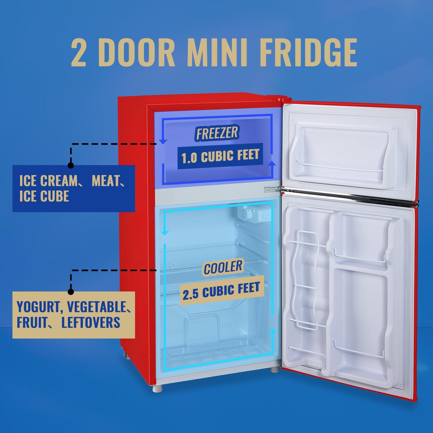 TACOOL 3.5 Cu.ft Refrigerator with Freezer Double Door Red Fridge Adjustable Glass Shelves, Plastic Crisper,7 Level Temperature Control Fridge for Dorm, Office, Apartment