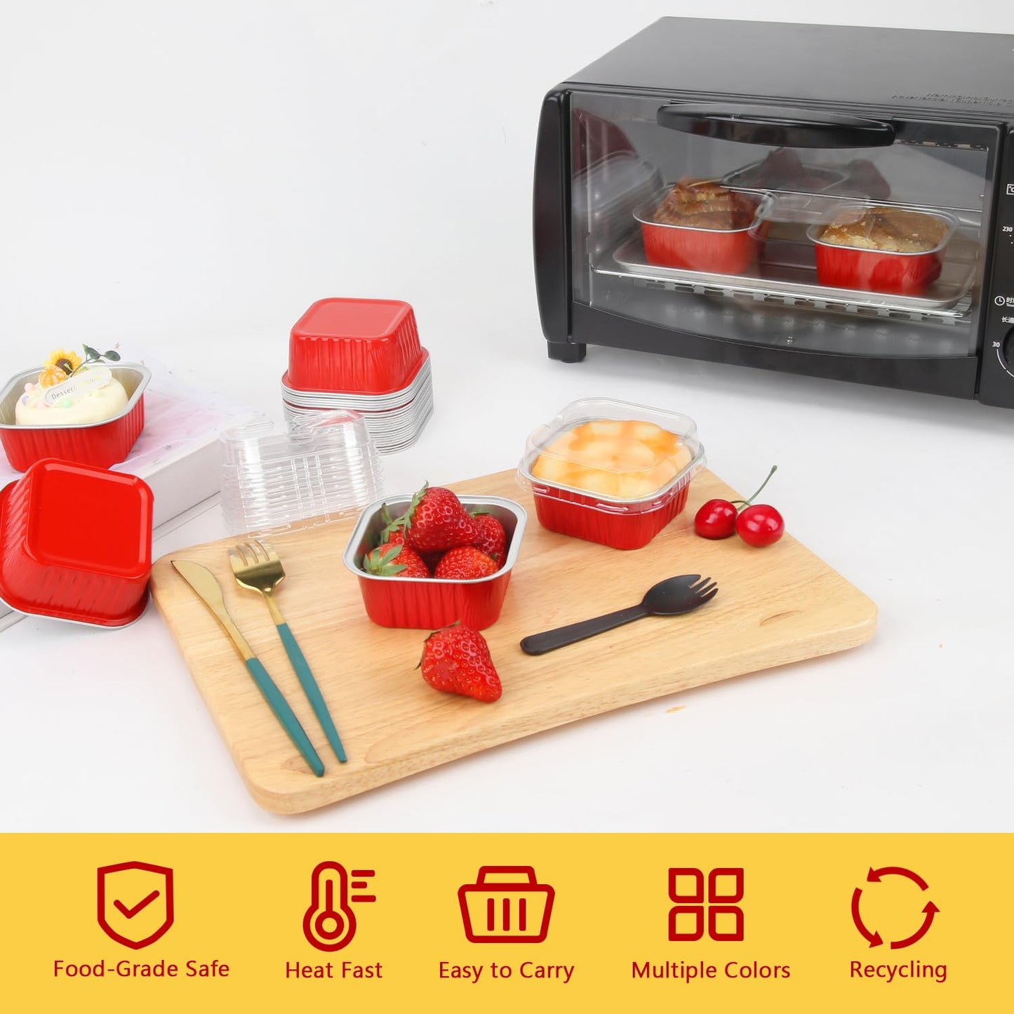 LNYZQUS 5oz Cupcake Pans Disposable Ramekins 40 Pack, Aluminum Foil Cupcake Liners With Lids,Square Brownie Mini Cake Baking Pans,Cupcake Cups Muffin Tin Holders-Red