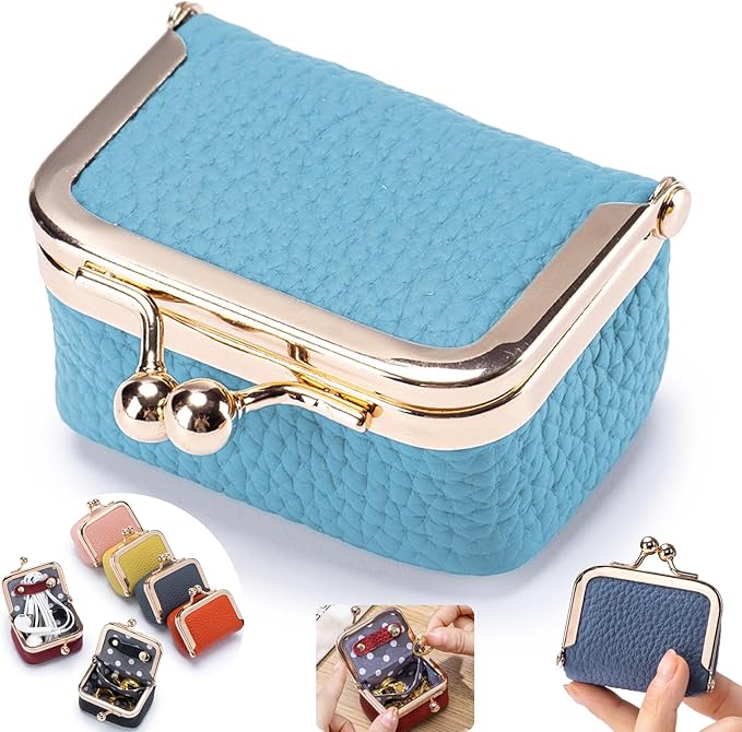 Genuine Leather Mini Jewelry Box - Vintage-Inspired Small Travel Jewelry Case with Kiss Lock | Compact Ring Box for Women | Holds Earrings, Rings, Necklaces, Bracelets (New Blue S 2.56in)