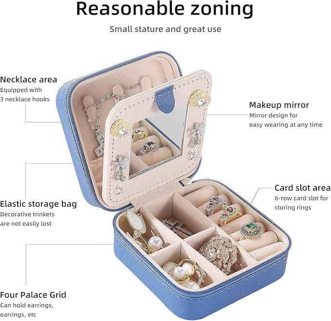 KElofoN Travel jewelry case Travel jewelry box Travel Jewelry Organizer Small Jewelry Organizer Box Gift for Girls Women with Mirror(Deep blue)