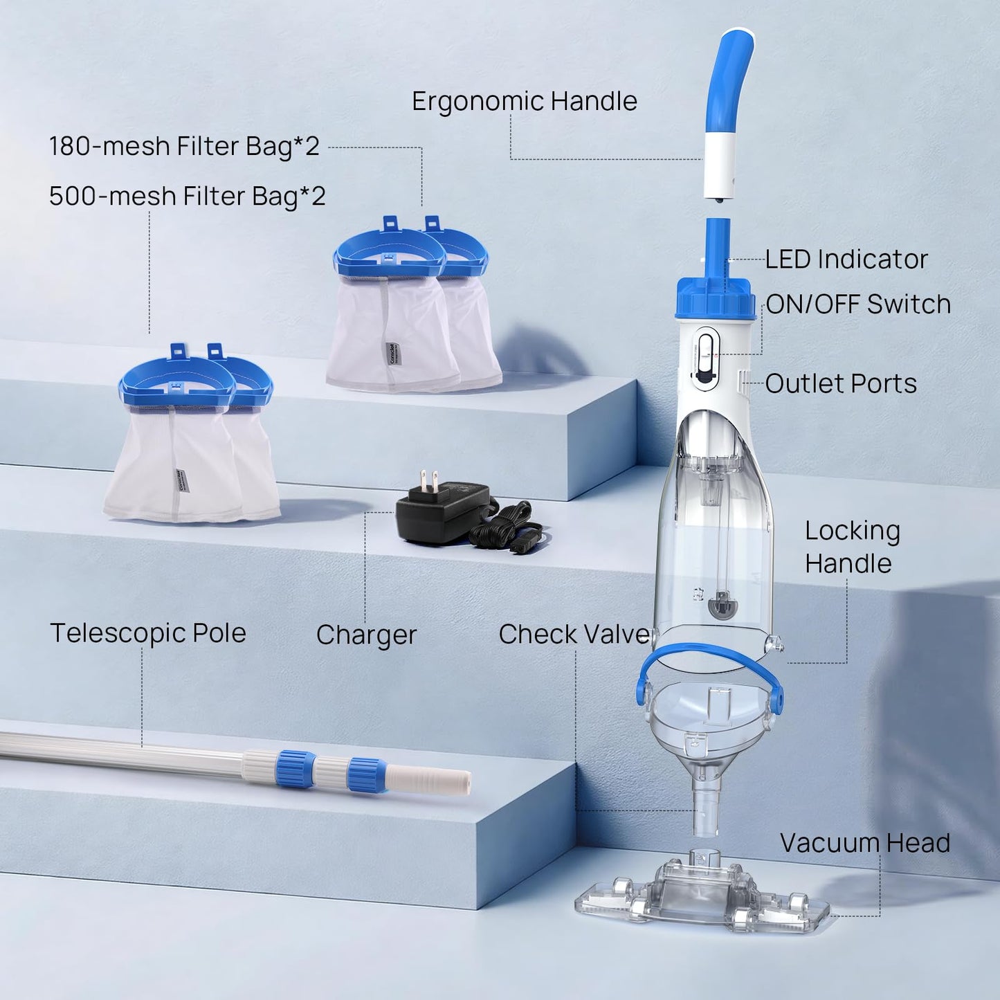 Cordless Pool Vacuum for Above Ground & Inground Pools, Consciot Handheld Rechargeable Pool Cleaner with 1110 GPH Suction, Telescopic Pole up to 87.5", 1H Runtime, See-Through Head for Debris & More