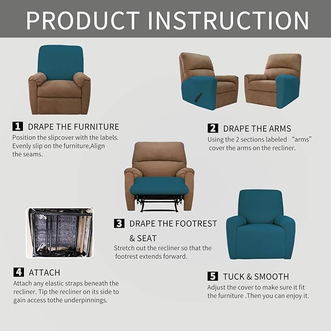 Easy-Going 4 Pieces Oversized Recliner Stretch Sofa Slipcover Sofa Cover Furniture Protector Couch Soft with Elastic Bottom Polyester Spandex Jacquard Fabric Small Checks Peacock Blue,X-Large