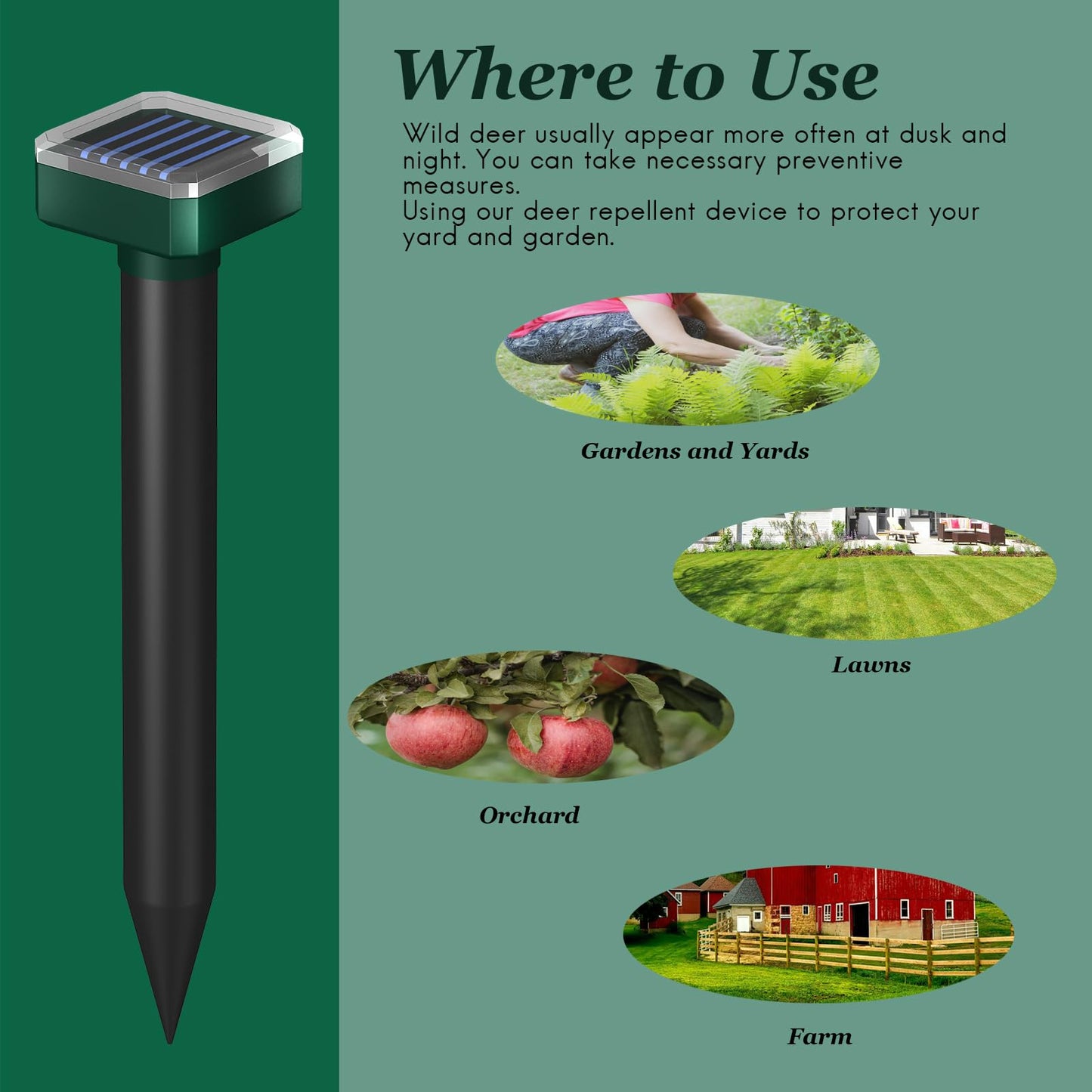 Deer Repellent Devices, Sonic & Solar-Powered Outdoor Deer Deterrent for Garden Plants, 7000 Sq Ft Coverage, Waterproof Sonic Repeller to Keep Deer and Rabbits Away (4)