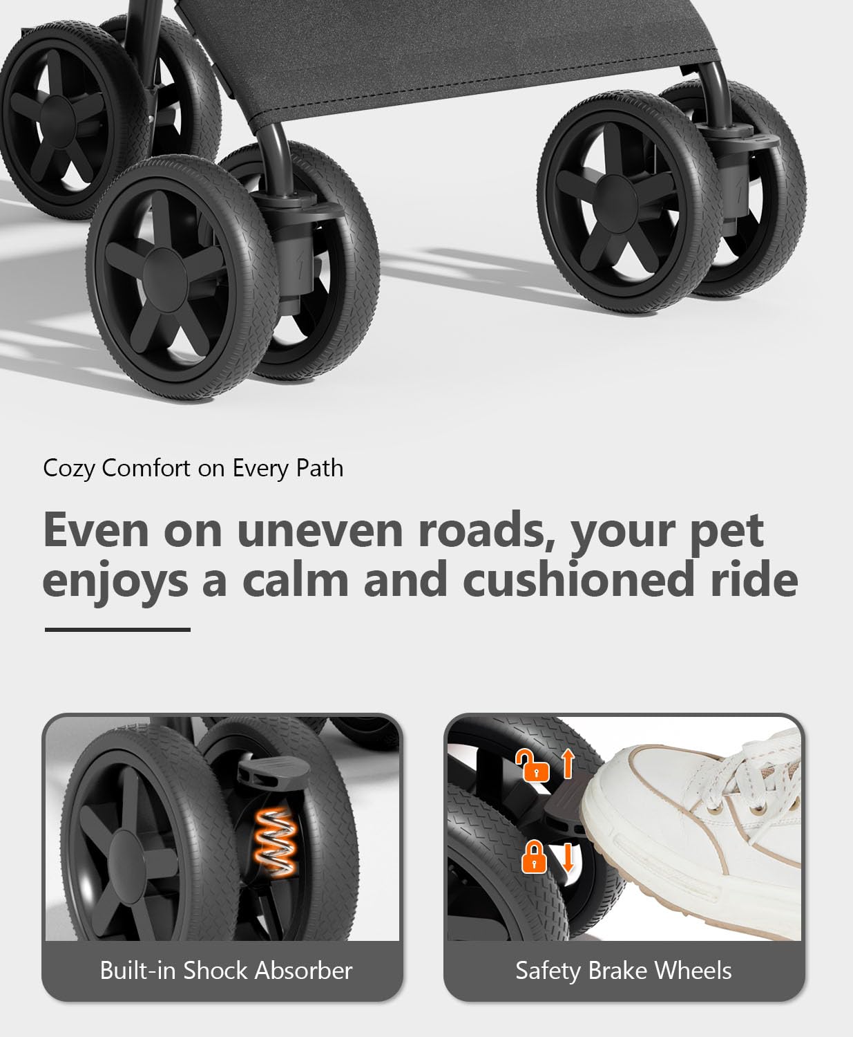 OS MOTOR Pet Stroller with 4 Wheels for Small/Medium Pets, Portable Travel Foldable Carrier Jogger for Dog Cat Puppy Kitty, Rear Wheel Breaks, Storage Basket, Visible Mesh with Weather Cover (Black)